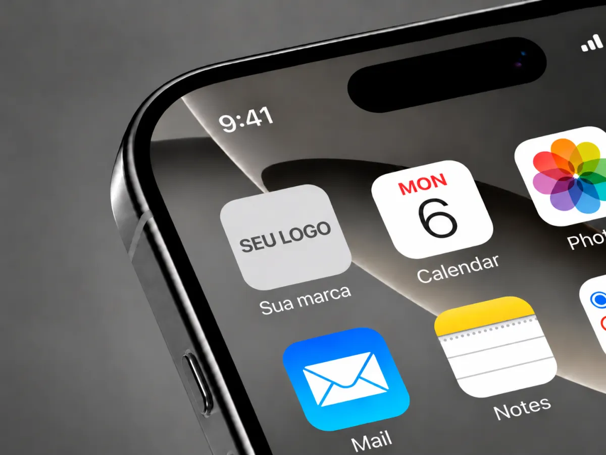 Tela inicial de um iPhone com o ícone do app da academia ao lado dos apps de calendário, fotos, e-mail e notas