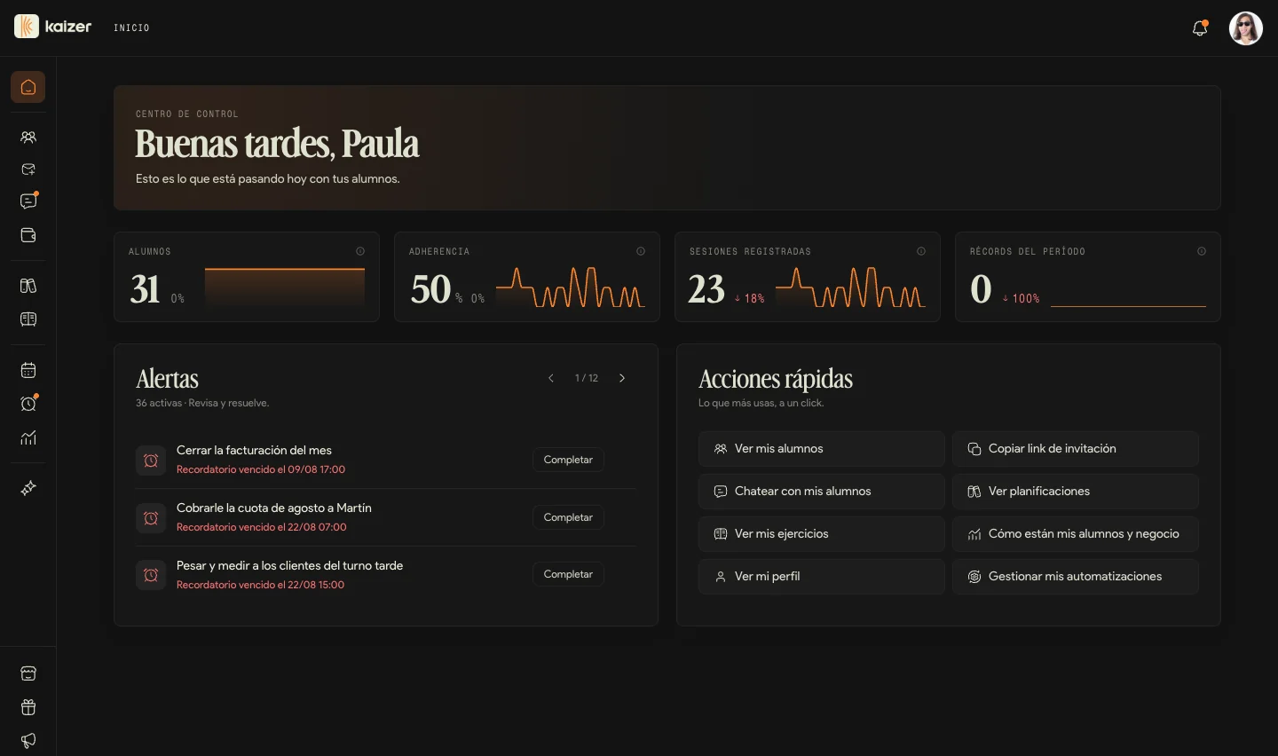 Panel de Kaizer con alumnos, adherencia, sesiones registradas y alertas de la semana.