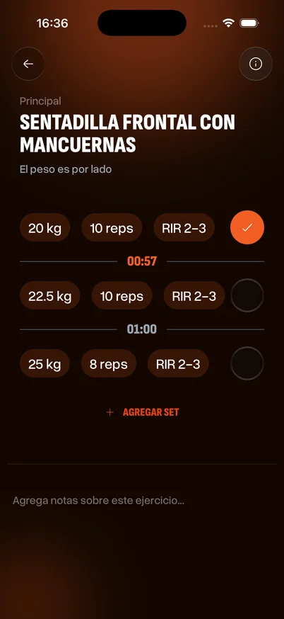 Member app routine screen, with exercises, sets and reps.