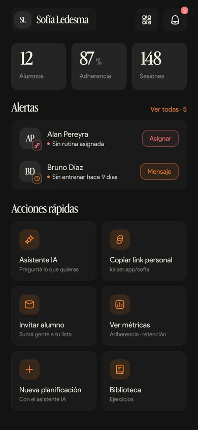 Panel de Kaizer con alumnos, adherencia, sesiones registradas y alertas de la semana.