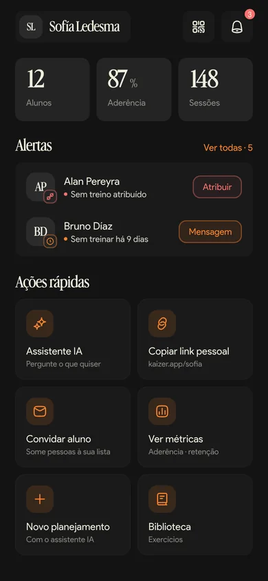 Painel da Kaizer com alunos, aderência, sessões registradas e alertas da semana.